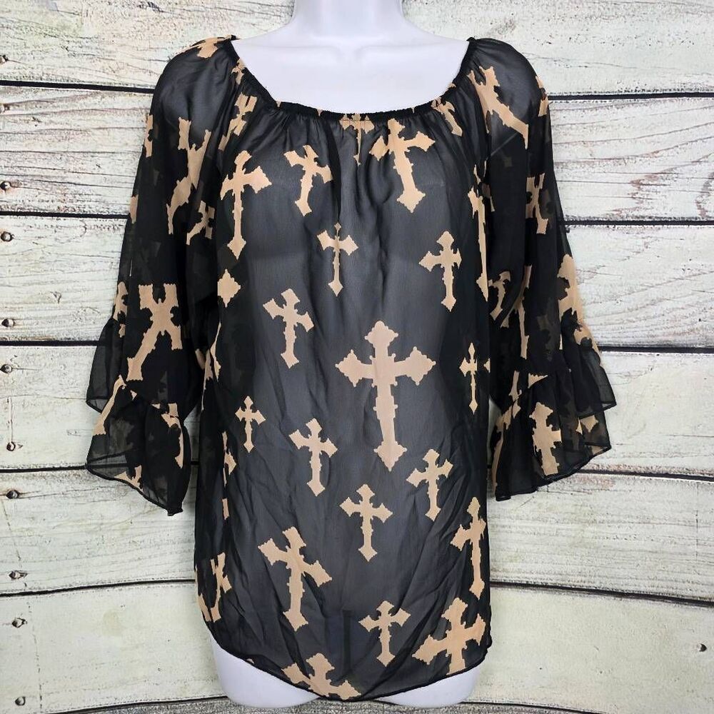 New Mode Sheer Cross Print Blouse Black Beige L